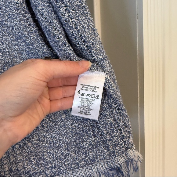 Nic + Zoe Blue Cotton Knit Fringe Trim Long Sleeve Open Front Cardigan L Office - Picture 7 of 9